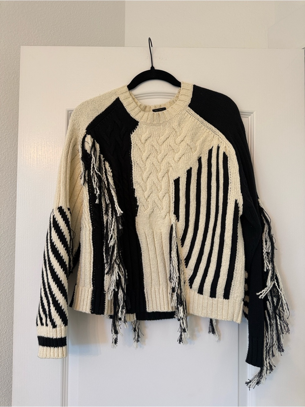 MOTHER Slice Jumper Black & Cream Fringe Cable-Knit Women’s Sweater